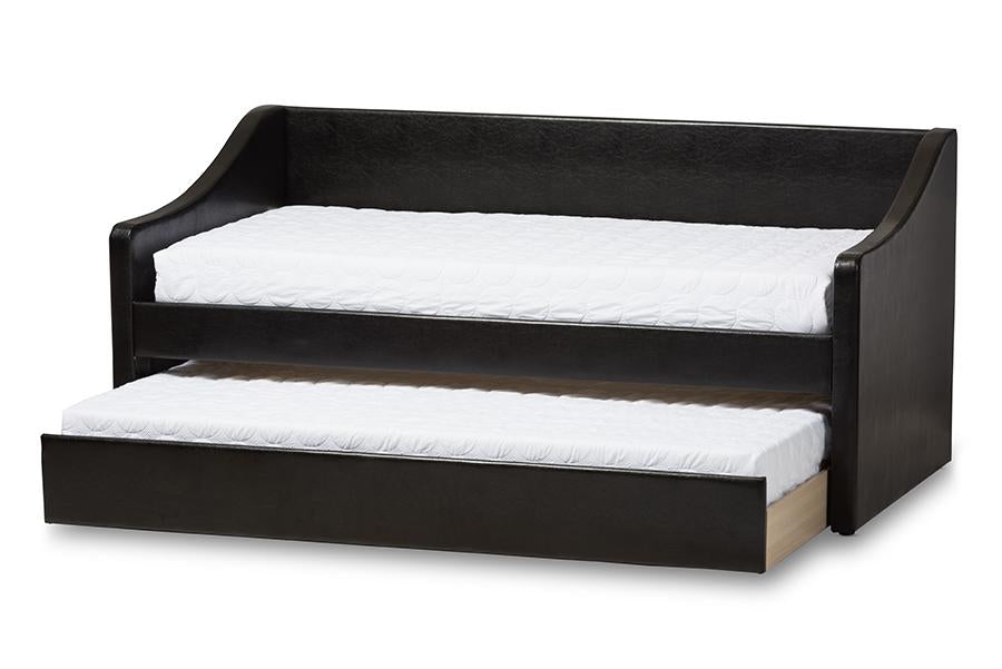 baxton studio barnstorm modern and contemporary black faux leather upholstered daybed with guest trundle bed | Modish Furniture Store-2