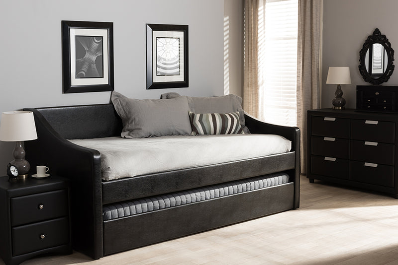 Baxton Studio Barnstorm Modern and Contemporary Black Faux Leather Upholstered Daybed with Guest Trundle Bed | Modishstore | Daybeds