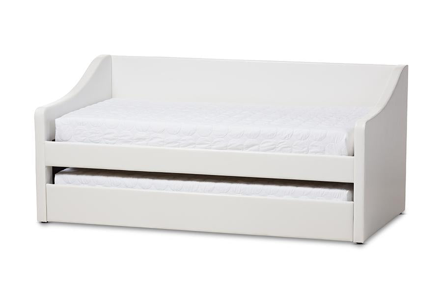 baxton studio barnstorm modern and contemporary white faux leather upholstered daybed with guest trundle bed | Modish Furniture Store-2