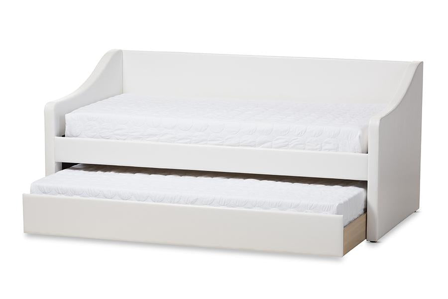 baxton studio barnstorm modern and contemporary white faux leather upholstered daybed with guest trundle bed | Modish Furniture Store-3