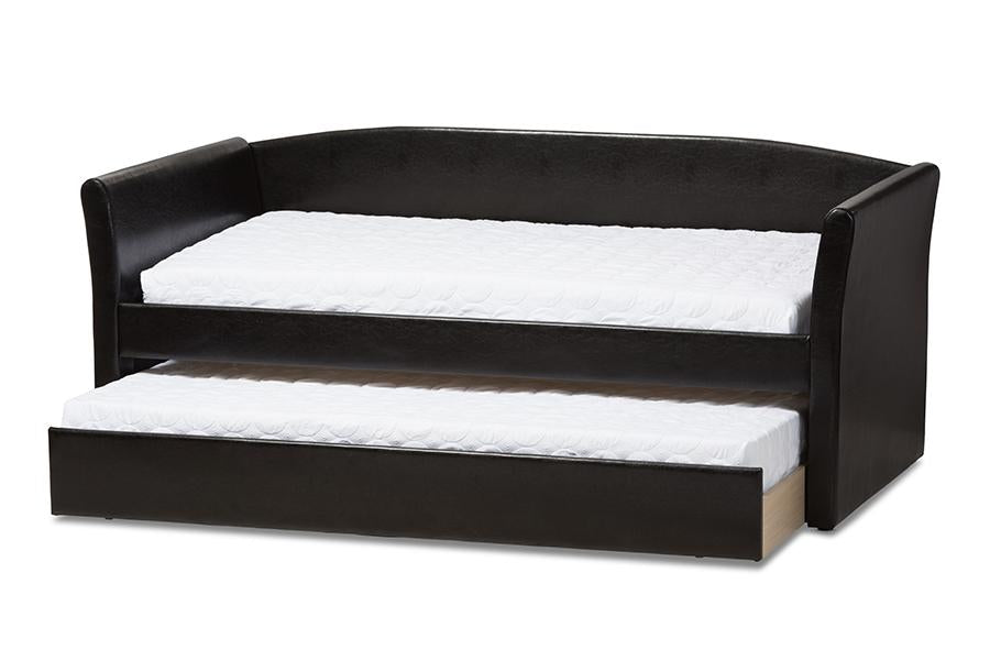 baxton studio camino modern and contemporary black faux leather upholstered daybed with guest trundle bed | Modish Furniture Store-3
