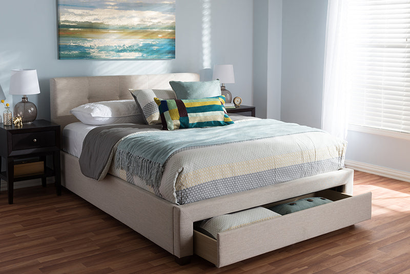 Baxton Studio Brandy Modern and Contemporary Beige Fabric Upholstered King Size Storage Platform Bed | Modishstore | Beds