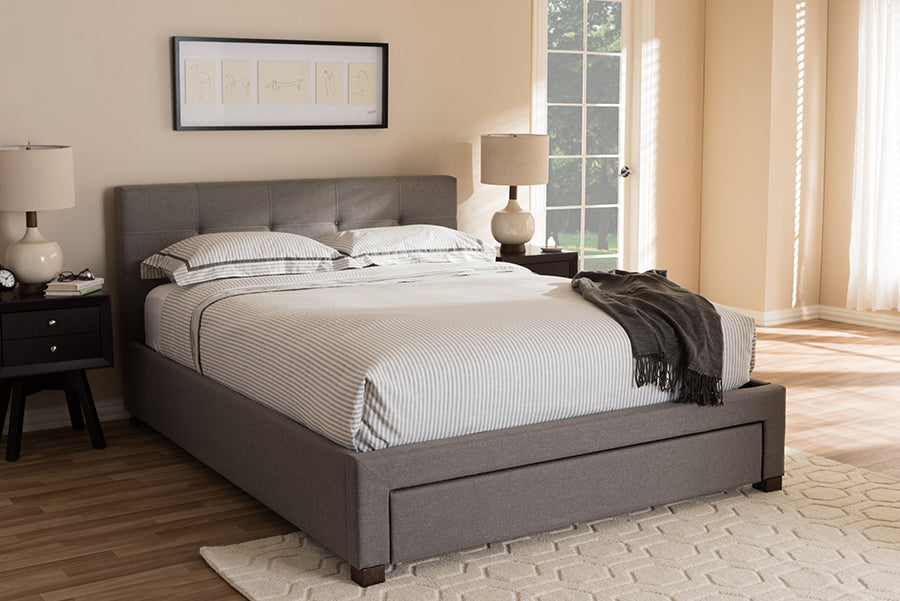 Baxton Studio Brandy Modern and Contemporary Grey Fabric Upholstered Queen Size Platform Bed with Storage Drawer | Modishstore | Beds