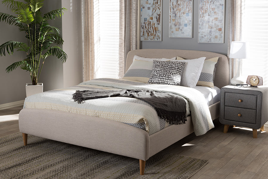 Baxton Studio Mia Mid-Century Light Beige Fabric Upholstered Full Size Platform Bed | Modishstore | Beds