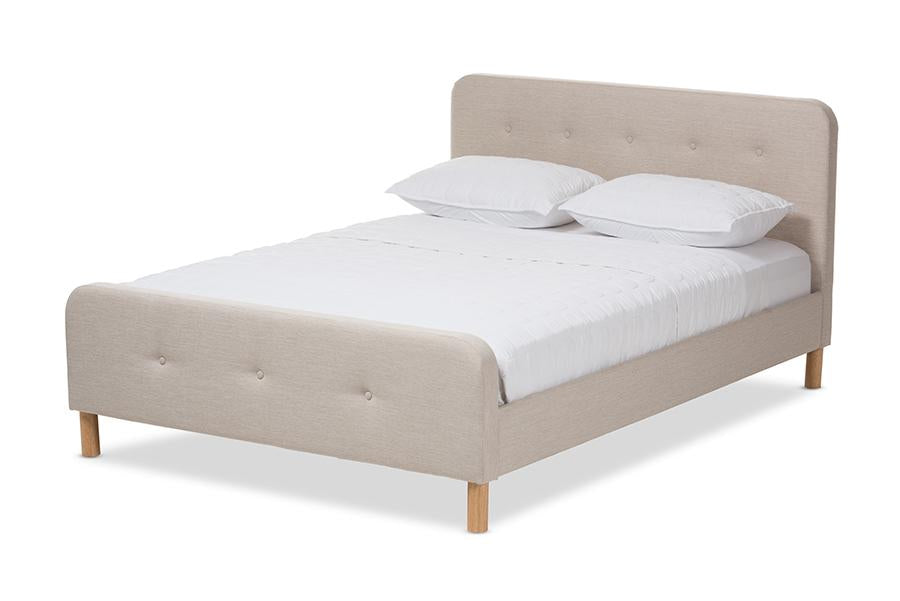 baxton studio samson mid century light beige fabric upholstered full size platform bed | Modish Furniture Store-3