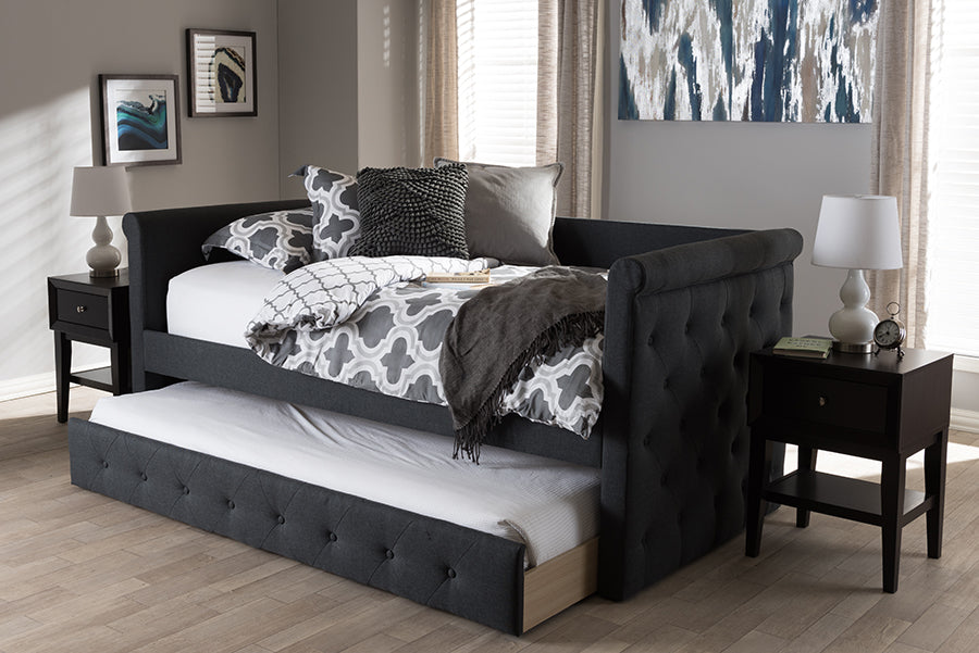 Baxton Studio Alena Modern and Contemporary Dark Grey Fabric Daybed with Trundle | Modishstore | Daybeds