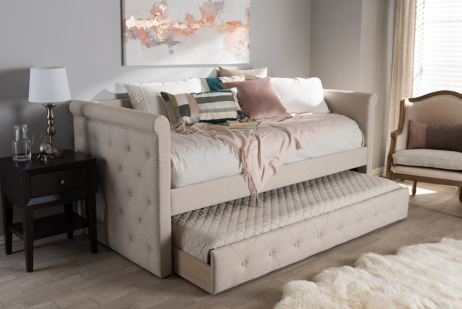 Baxton Studio Alena Modern and Contemporary Light Beige Fabric Daybed with Trundle | Modishstore | Daybeds