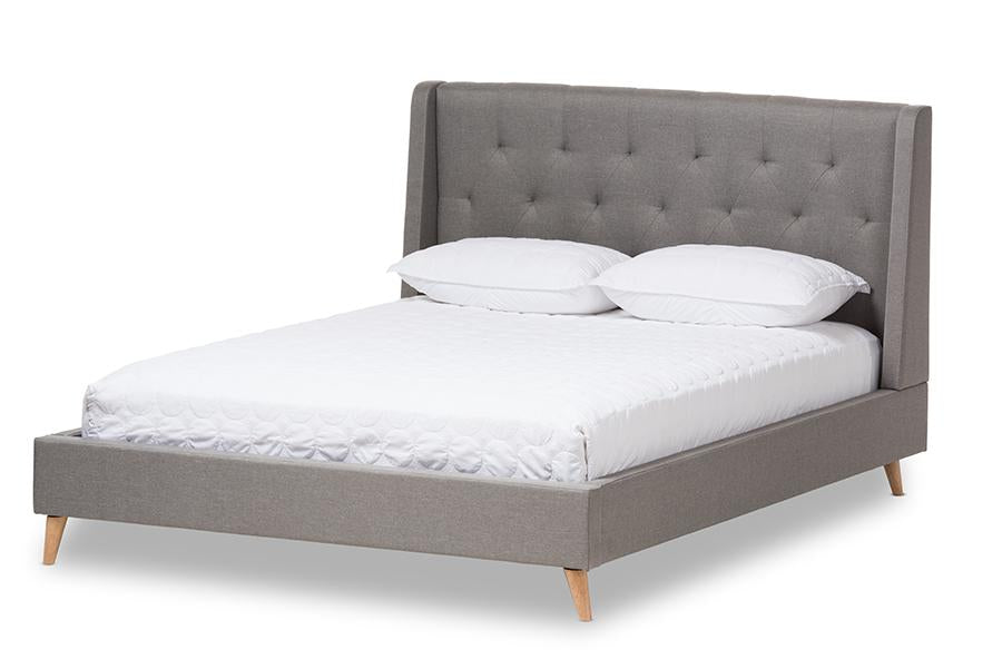 baxton studio adelaide retro modern light grey fabric upholstered queen size platform bed | Modish Furniture Store-2