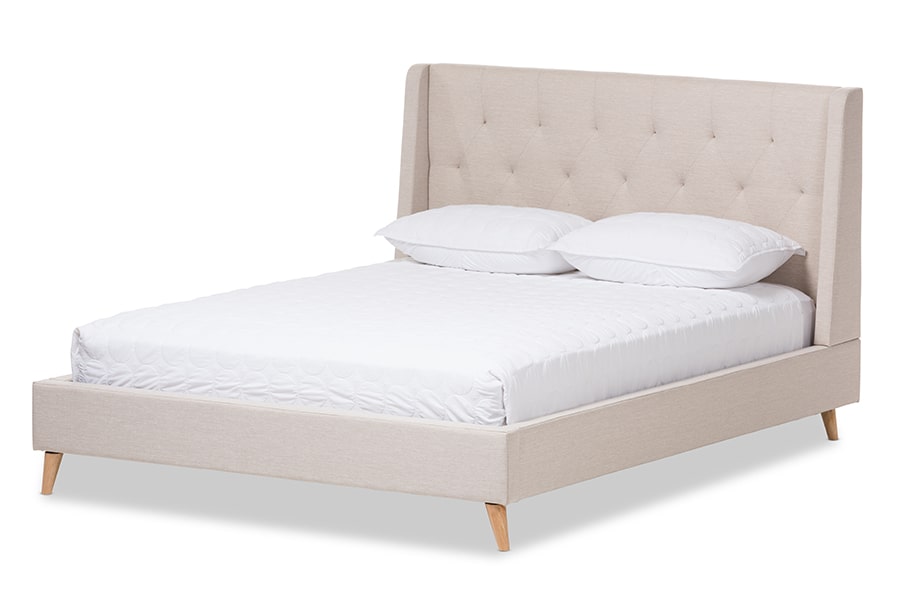 baxton studio adelaide retro modern light beige fabric upholstered full size platform bed | Modish Furniture Store-3