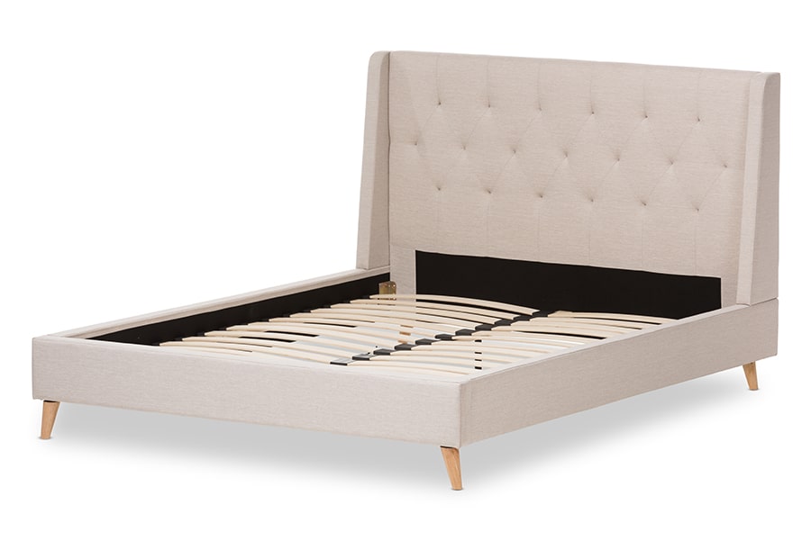 baxton studio adelaide retro modern light beige fabric upholstered full size platform bed | Modish Furniture Store-7