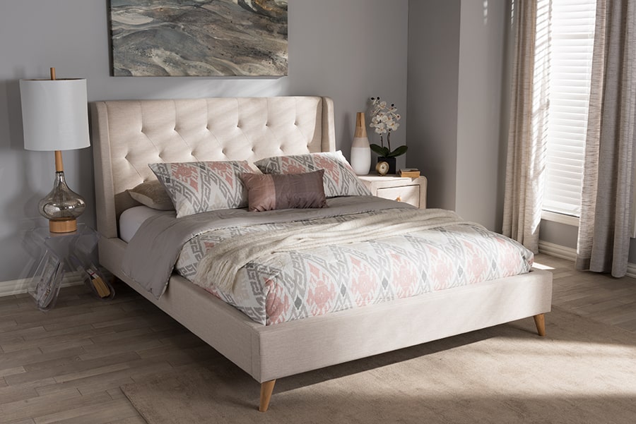 baxton studio adelaide retro modern light beige fabric upholstered queen size platform bed | Modish Furniture Store-14
