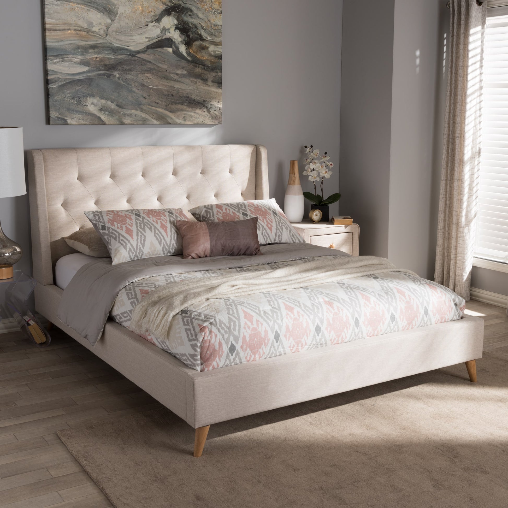 baxton studio adelaide retro modern light beige fabric upholstered queen size platform bed | Modish Furniture Store-12