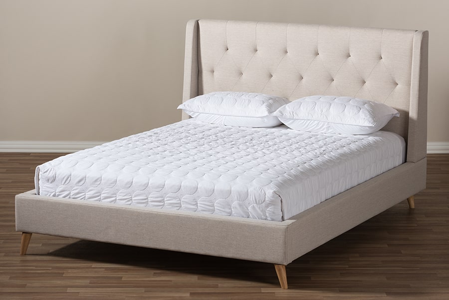 baxton studio adelaide retro modern light beige fabric upholstered full size platform bed | Modish Furniture Store-16