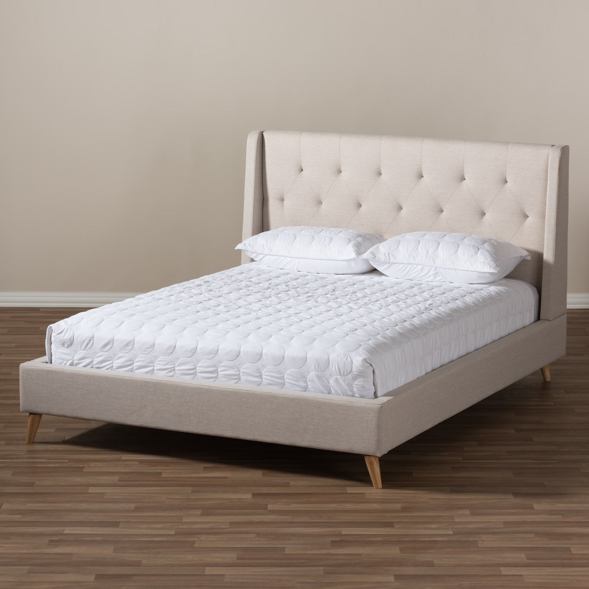 baxton studio adelaide retro modern light beige fabric upholstered full size platform bed | Modish Furniture Store-15