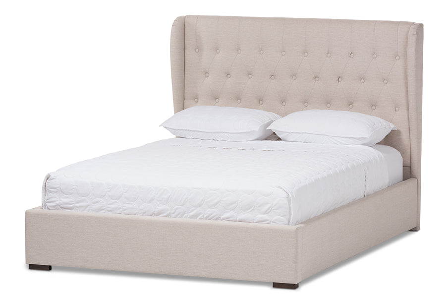 Baxton Studio Penelope Modern and Contemporary Light Beige Fabric Queen Size Gas-Lift Platform Bed | Modishstore | Beds