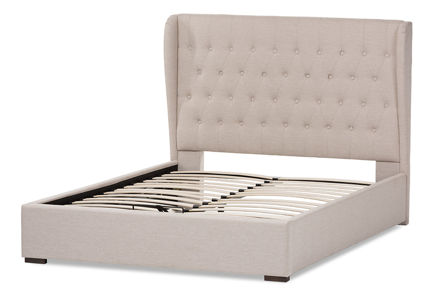 baxton studio penelope modern and contemporary light beige fabric queen size gas lift platform bed | Modish Furniture Store-4