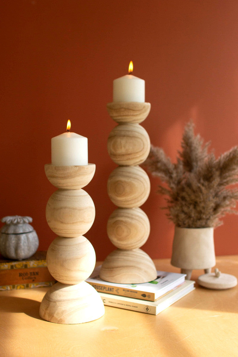 Hand Carved Wooden Stacked Ball Candle Holders Set Of 2 By Kalalou | Candle Holders | Modishstore