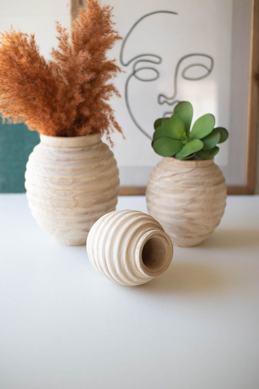 Set Of Three Natural Wooden Gourd Pots By Kalalou | Planters, Troughs & Cachepots | Modishstore