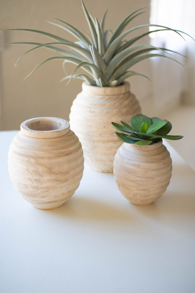 Set Of Three Natural Wooden Gourd Pots By Kalalou | Planters, Troughs & Cachepots | Modishstore - 2