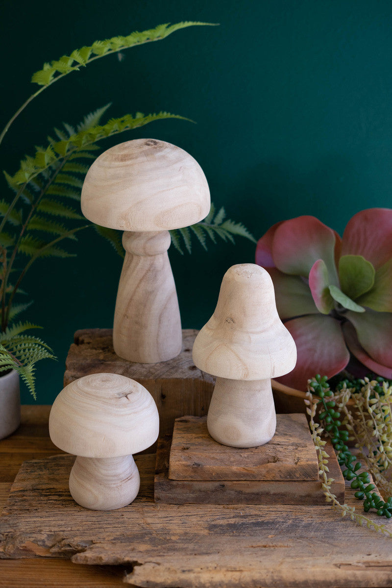 Set Of Three Natural Wooden Mushrooms By Kalalou | Sculptures | Modishstore - 1