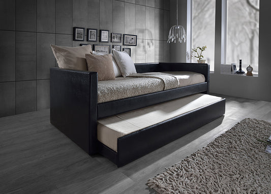 Baxton Studio Reeve Modern and Contemporary Black Faux Leather Upholstered Twin Size Daybed Bed Frame with Trundle | Modishstore | Beds
