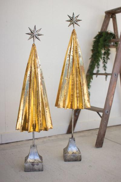 Kalalou Set Of 2 Folded Gold Metal Trees With Silver Star | Modishstore | Holiday