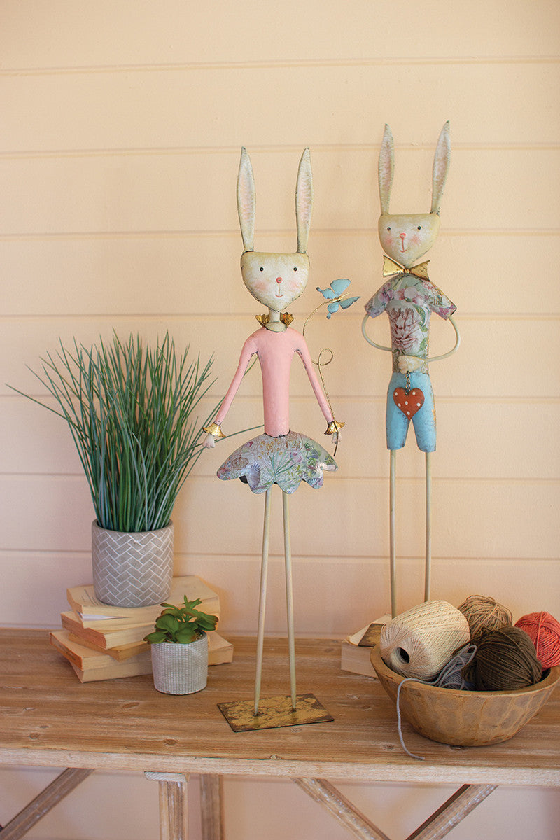 painted metal long leg boy and girl rabbits Set Of 2 By Kalalou | Modishstore | Figurines