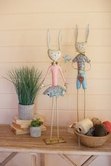 Painted Metal Long Leg Boy And Girl Rabbits Set Of 2 By Kalalou