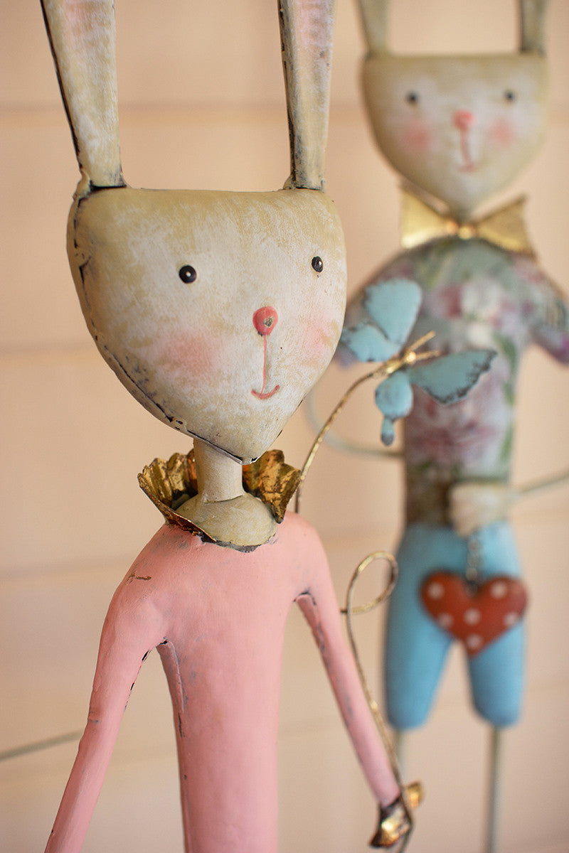 painted metal long leg boy and girl rabbits Set Of 2 By Kalalou-2