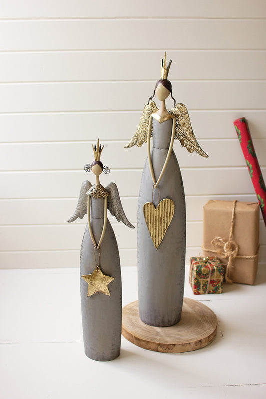 Gold & Grey Christmas Angels Holding Heart & Star Set Of 2  By Kalalou | Figurines |  Modishstore 