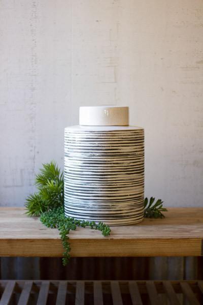 Kalalou Ceramic Grey Striped Canister - Large | Modishstore | Jars & Canisters
