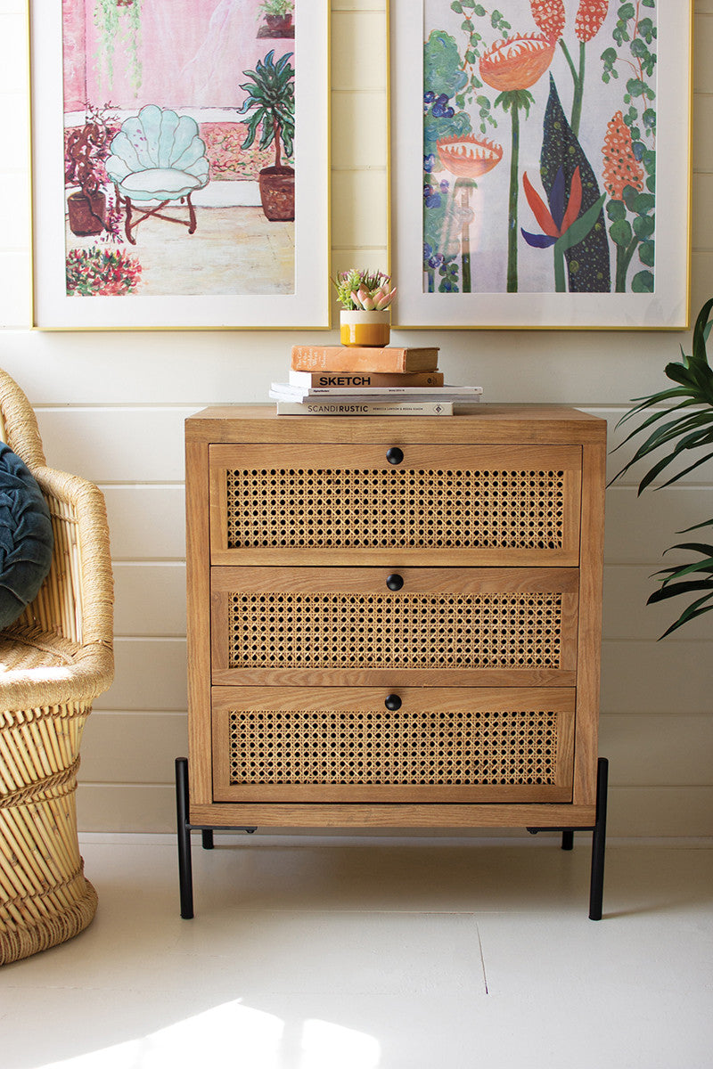 Wood Bedside Table With Three Woven Cane Drawers By Kalalou | Drawers |  Modishstore 