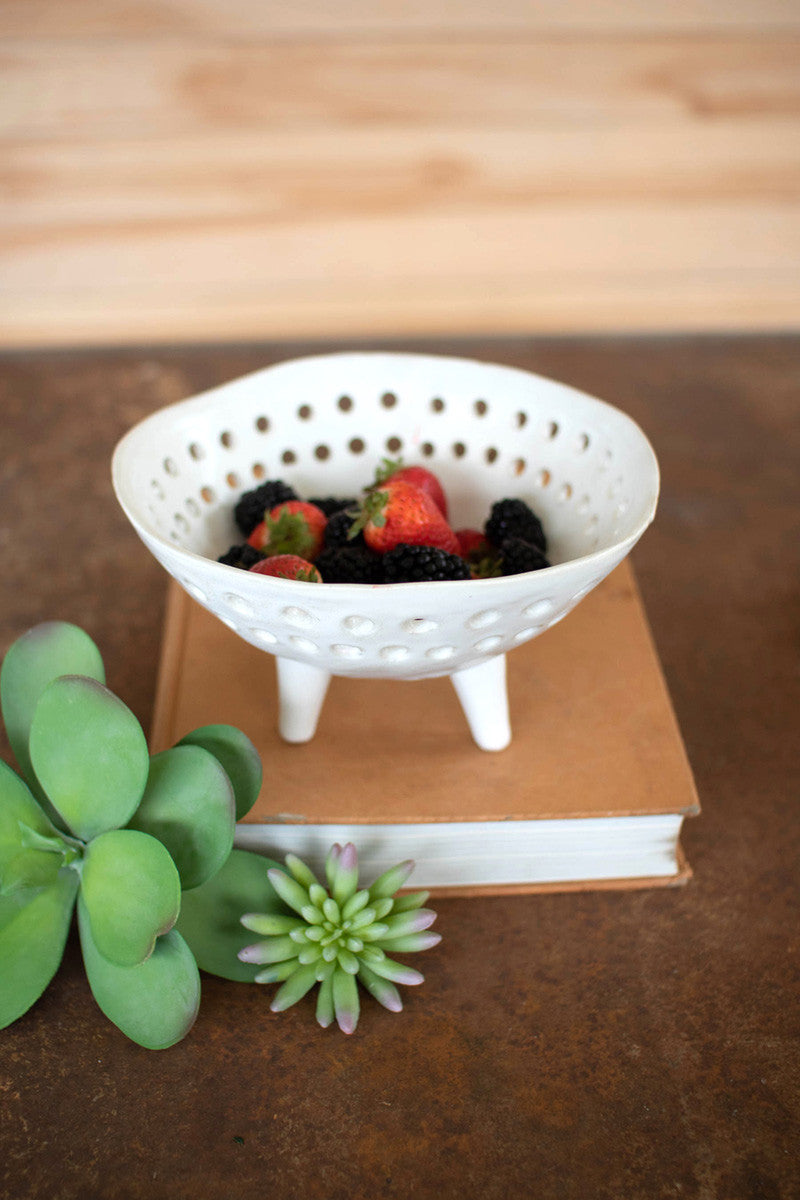 White Ceramic Berry Bowl With Holes - Feet By Kalalou | Decorative Bowls | Modishstore