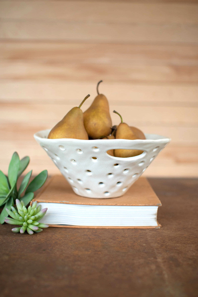 White Ceramic Berry Bowl With Holes - Handles By Kalalou | Decorative Bowls | Modishstore
