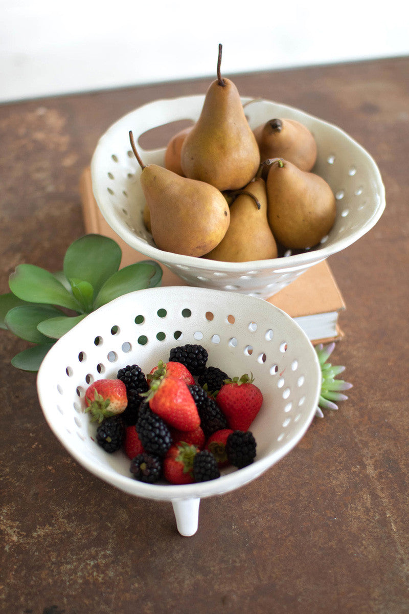 White Ceramic Berry Bowl With Holes - Handles By Kalalou | Decorative Bowls | Modishstore - 2