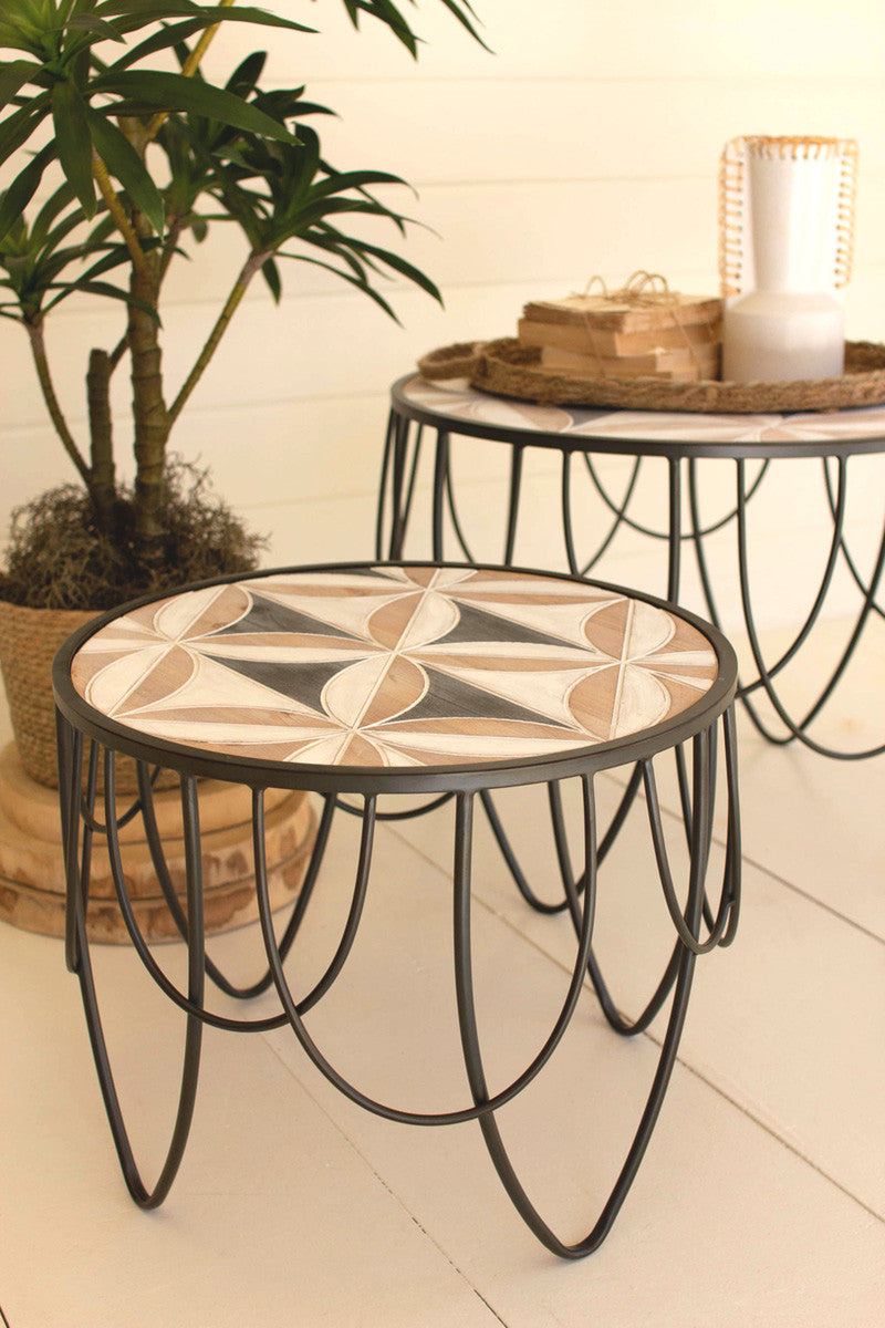 Round Carved Wood Top Accent Tables W Metal Base Set Of 2 By Kalalou | Accent Tables | Modishstore - 3