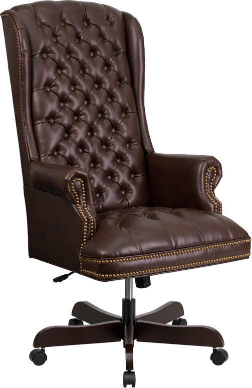 Flash Furniture CI-360-BRN-GG High Back Traditional Tufted Brown Leather Executive Swivel Office Chair | Office Chairs | Modishstore