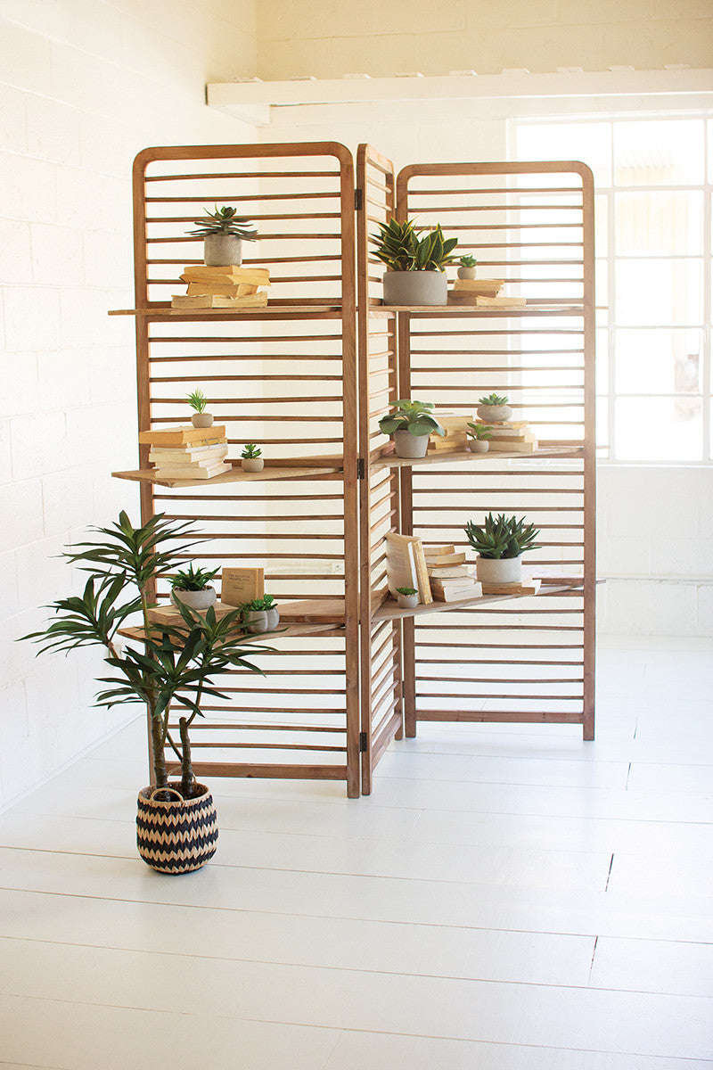 folding wooden screen with three shelves By Kalalou | Modishstore | Shelves & Shelving Units