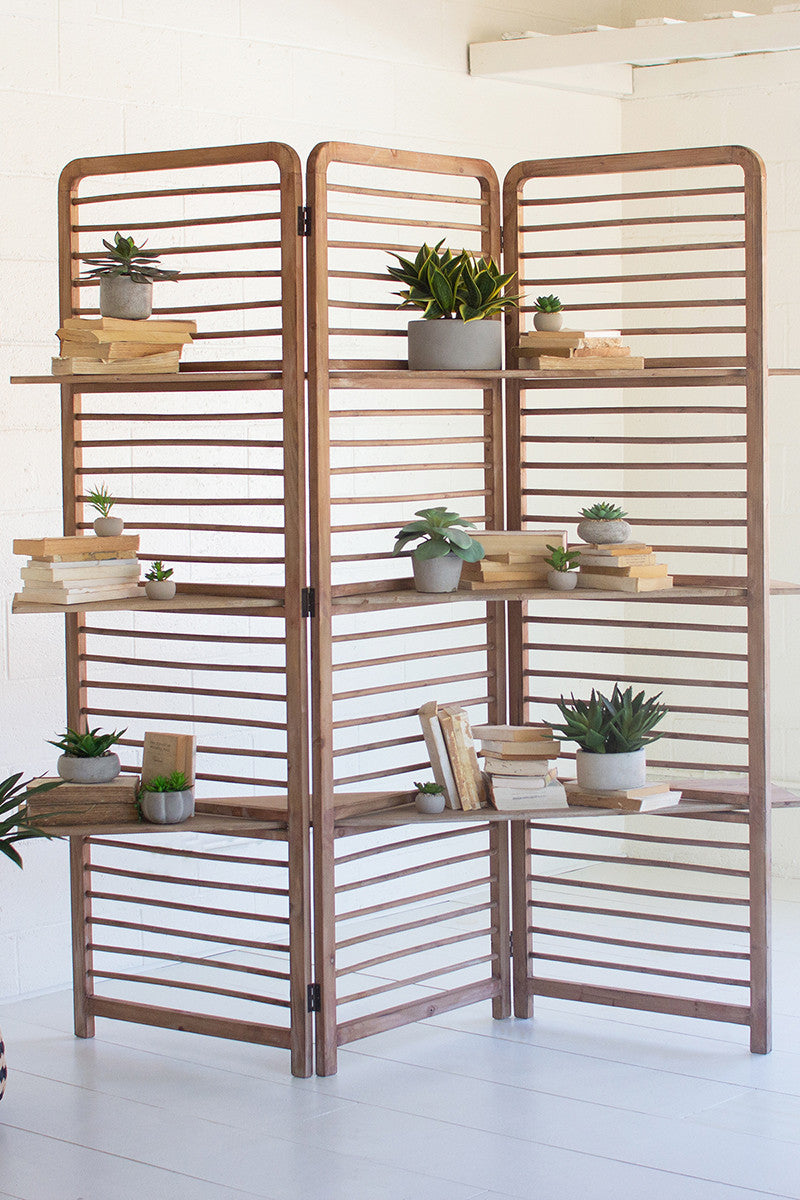 folding wooden screen with three shelves By Kalalou-2
