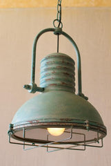 Kalalou Antique Turquoise Pendant Light With Glass And Wire Cage