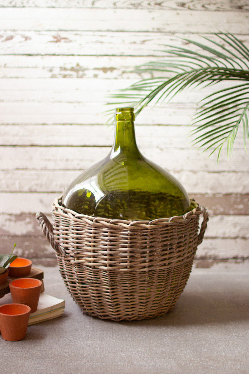 Kalalou Large Green Glass Damigiana With Wicker Wrap | Modishstore | Vases