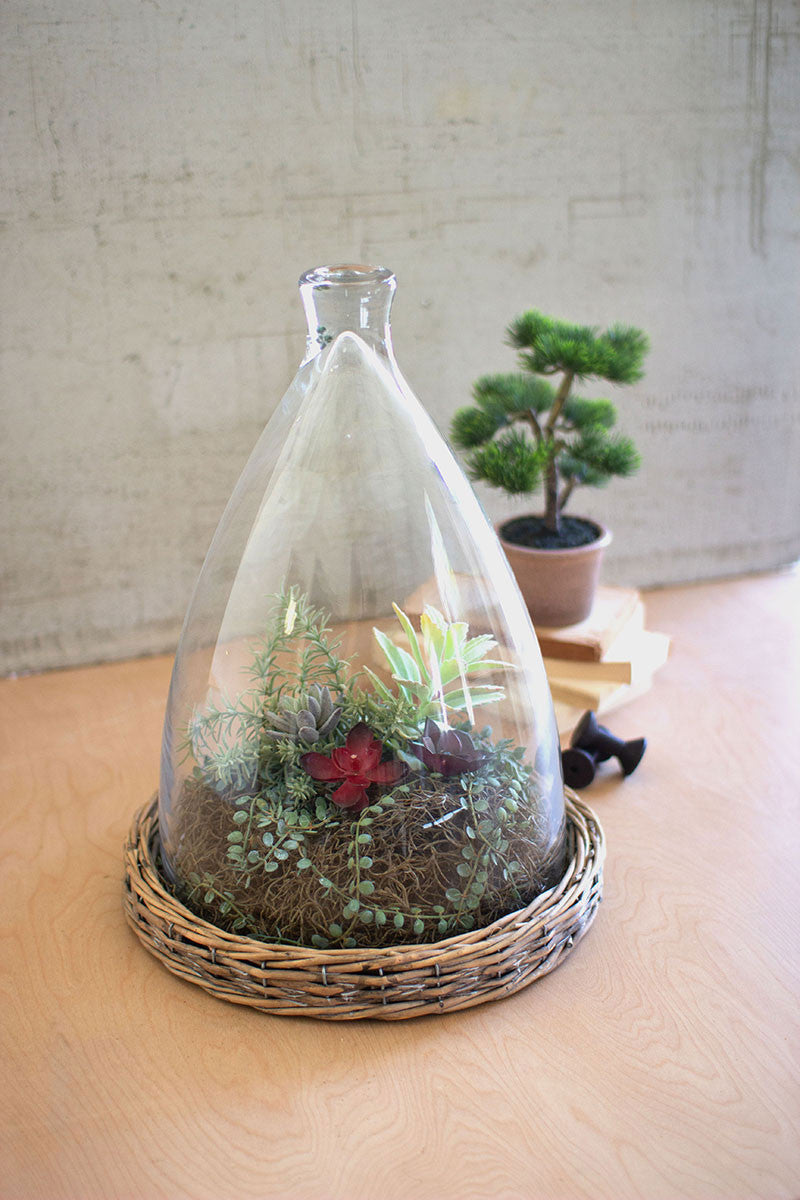 Large Glass Cloche With Wicker Base By Kalalou |  Vases | Modishstore | CLAN1078