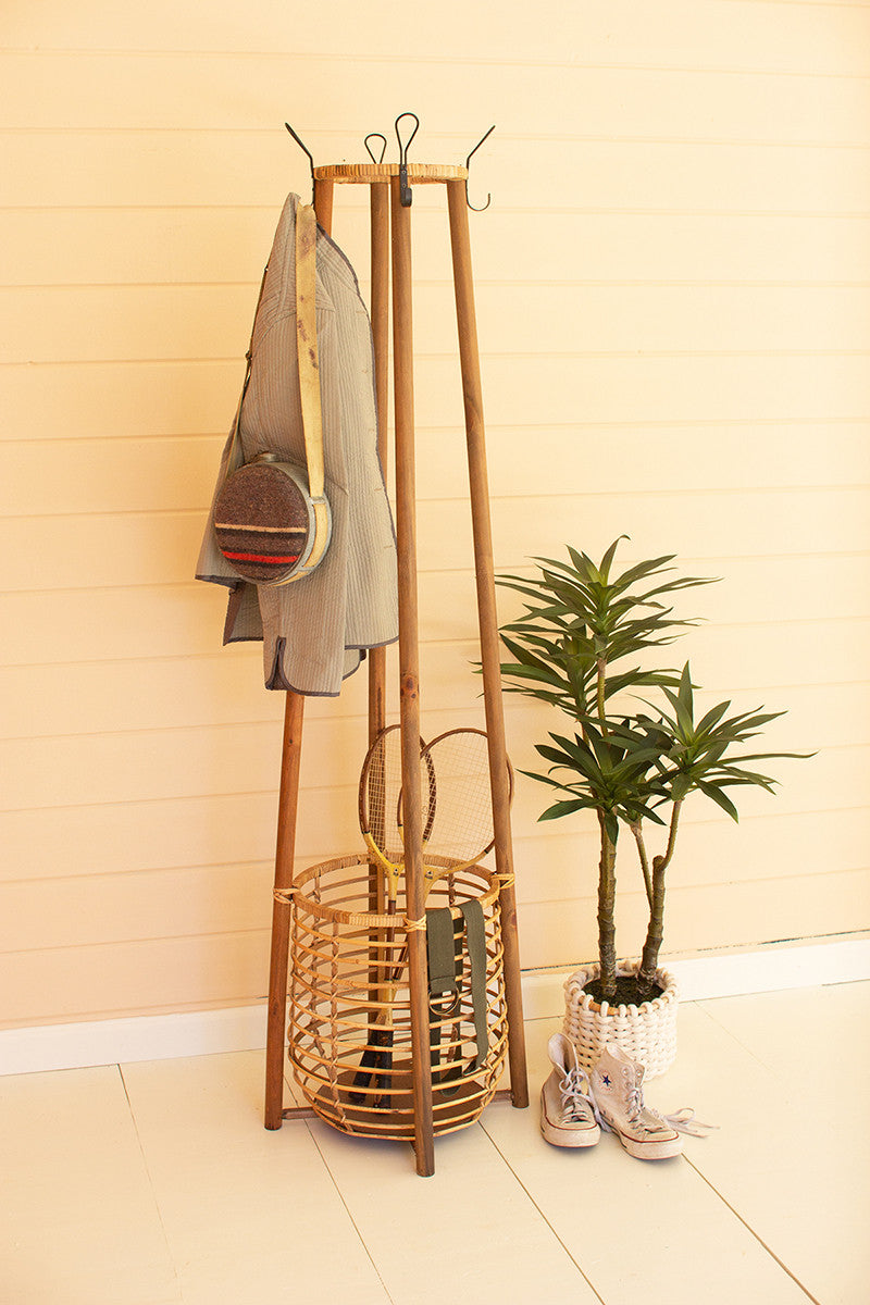 tall rattan coat rack with umbrella basket By Kalalou | Modishstore | Coat Racks