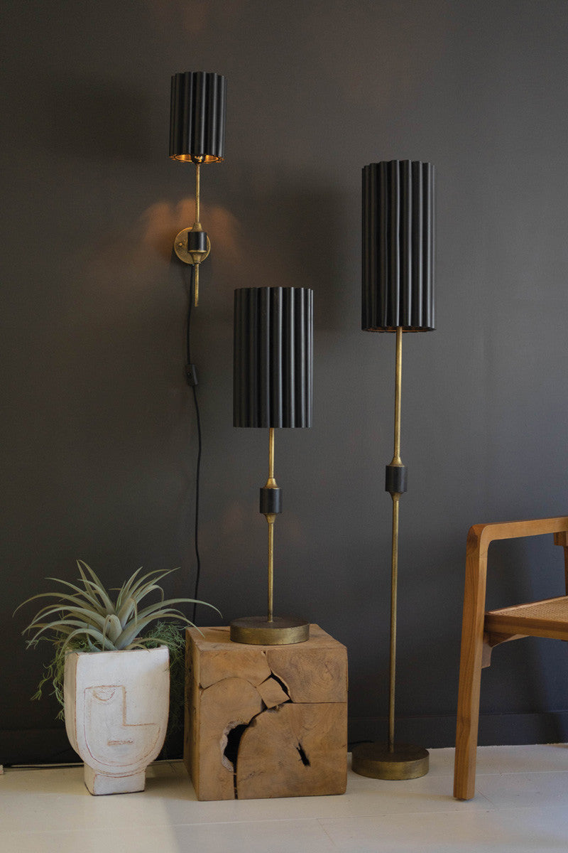 Antique Gold Floor Lamp With Fluted Black Metal Shade By Kalalou