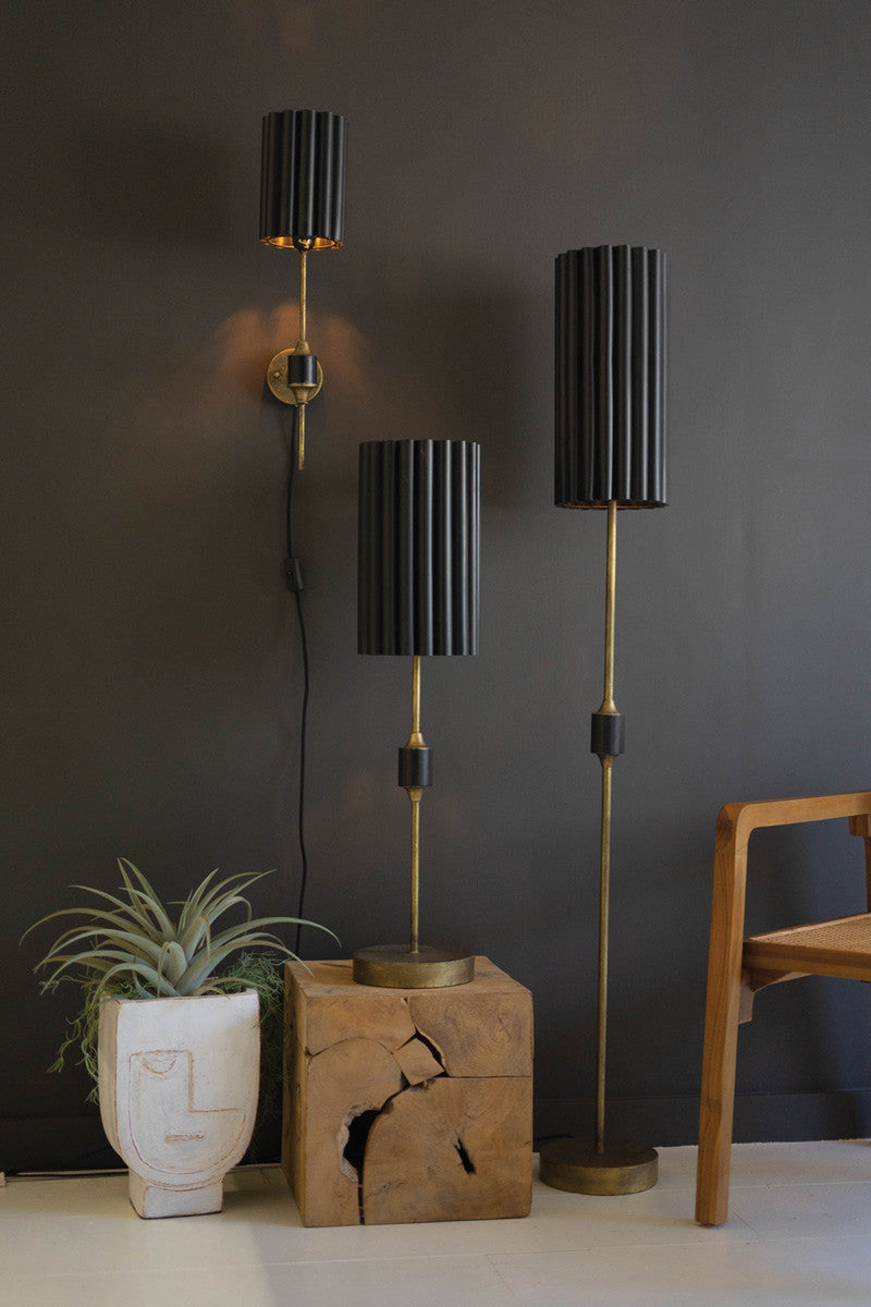 Antique Gold Floor Lamp With Fluted Black Metal Shade By Kalalou | Floor Lamps | Modishstore - 4