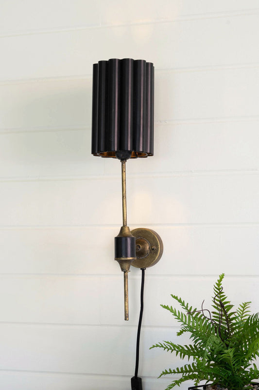 Antique Gold Wall Lamp With Fluted Black Metal Shade By Kalalou | Wall Lamps | Modishstore