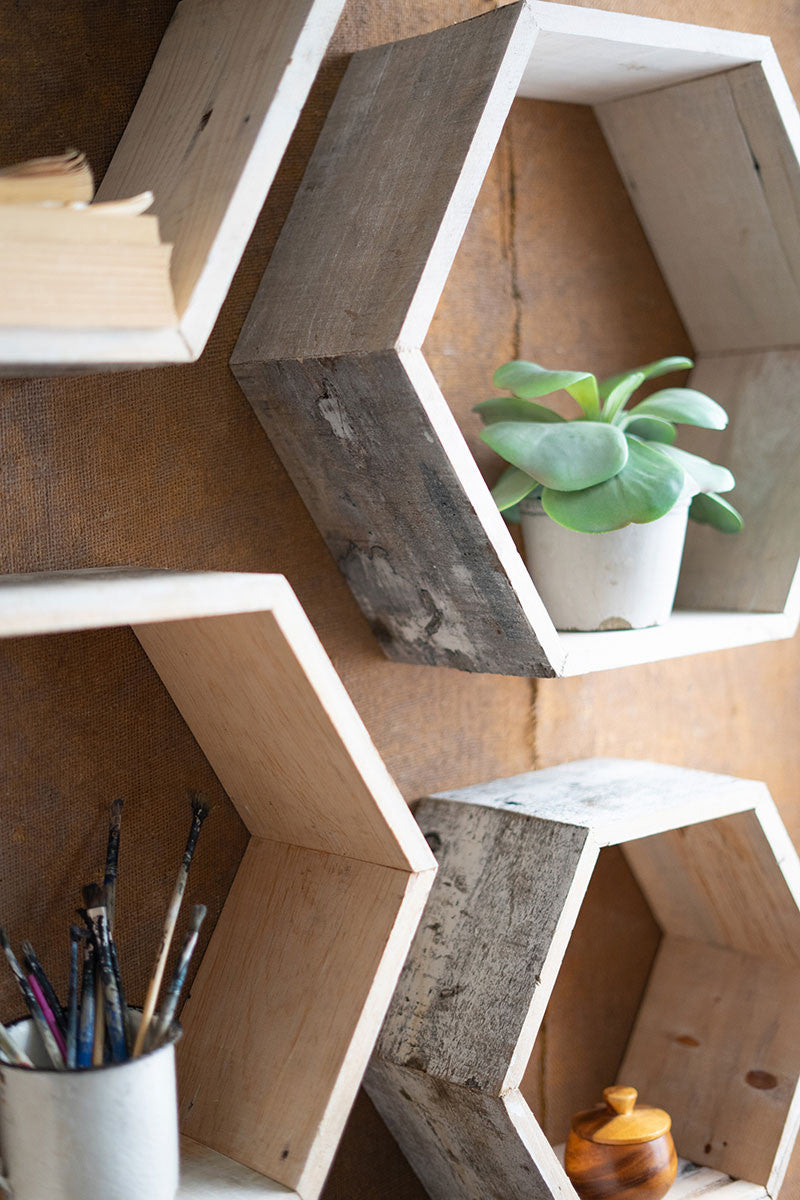 Recycled White-Washed Wood Hexagon Wall Shelves Set Of 4 By Kalalou | Modishstore | Shelves & Shelving Units