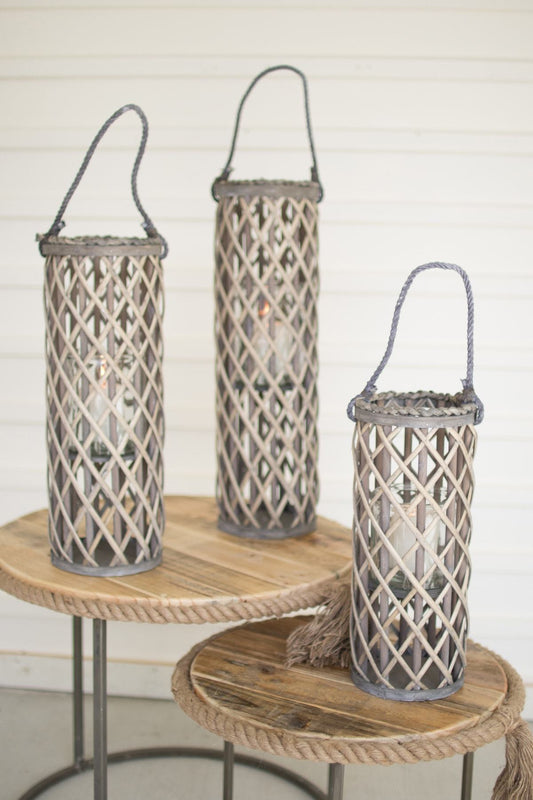 Kalalou Set Of 3 Grey Willow Lanterns With Glass | Modishstore | Lanterns