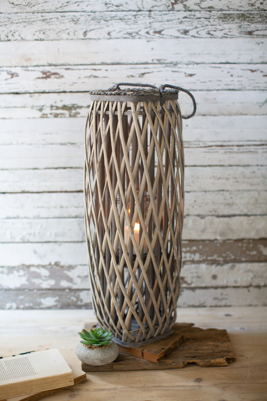 Tall Grey Square Willow Lantern\Large By Kalalou | Modishstore | Lanterns