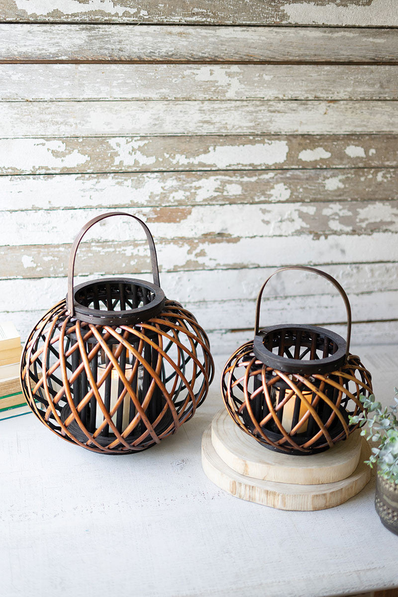 Low Round Brown Willow Lanterns With Wooden Handle \ Large Set Of 2 By Kalalou-2
